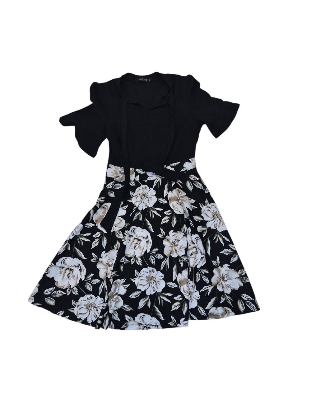 Black Floral A-Line Casual Dress with Tie Waist